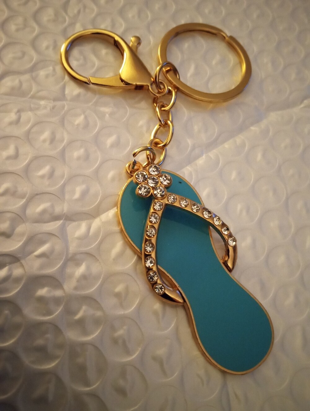 Gold-Tone Turquoise Flip Flop Keychain with Crystal Accents
